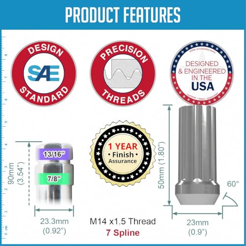 Wheel Accessories Parts 20 Pcs M14x1.50 14x1.50 Thread Truck 2.00" Long Spline Lug Nuts Chrome 7 Spline Hex Fits Chevy C1500 ｜ GMC 1500 ｜ RAM 1500 ｜ 1500 Classic with Aftermarket Wheels Spline Sunny Climate (Value)