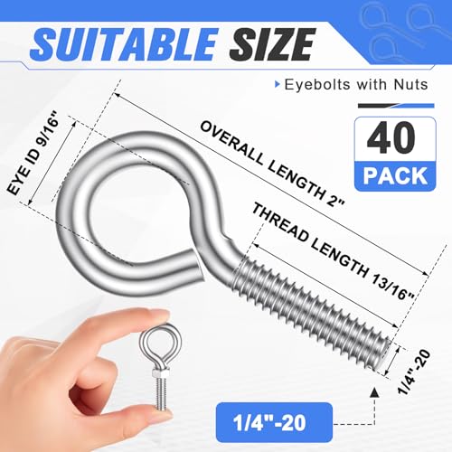 40 Pack 1/4-20x2in Galvanized Steel Eye Bolts with Nut, Silver 40