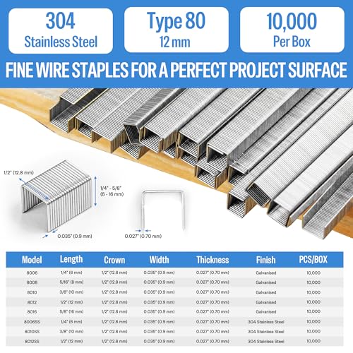 meite 21 Gauge 1/2-inch Crown Upholstery Staples, 304 Stainless Steel with 1/2-inch Leg Length, Heavy Duty Staples for Staple Gun MT8016 (10,000 Counts) 1/2" (12 mm) 1 Box