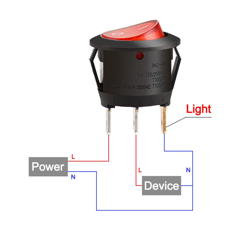 Heschen Round Rocker Switch ON-OFF SPST 3 Terminals Red Light 10A 250VAC 5Pack