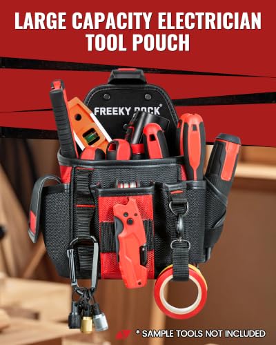 Electrician Tool Pouch with Quick Detach Belt Clip, Heavy Duty Tool Belt Pouches with Notebook Pocket, Tape Measure Holder & Screwdriver Loops for Carpenter, Contractor, HVAC Tech & DIY Large Pouch with Belt