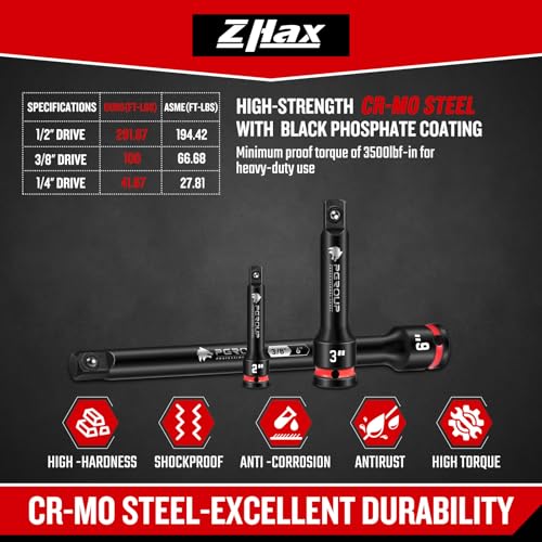 ZHAX 9 Pieces Impact Extension Bar Set, 1/4", 3/8" and 1/2" Drive Socket Extension, Embossed Size Marking, CR-MO Steel for Auto Repair 1/4"+3/8"+1/2" Drive