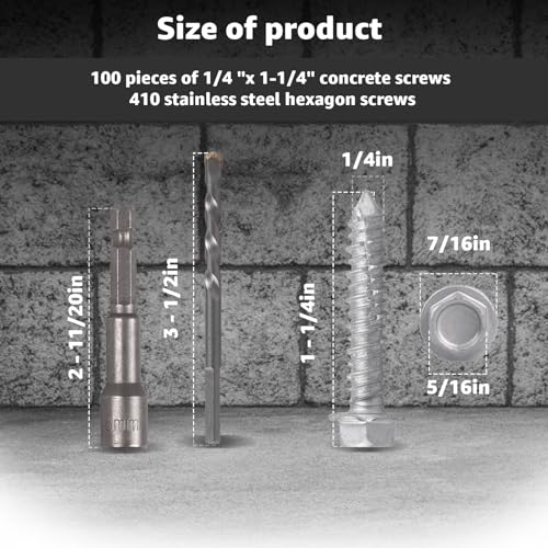 1/4" x 1-1/4" Concrete Screws 410 Stainless Steel Hex Head Concrete Screw