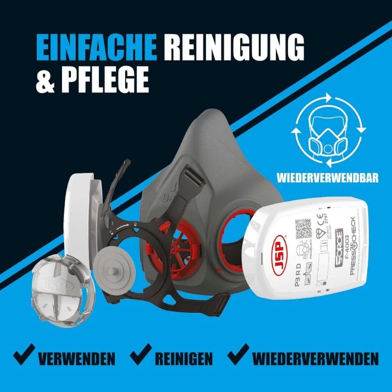 JSP Force™8 Half Mask Respirator, PressToCheck™ P3 RD Filters with Daily Face-Fit Check Technology | Protection against fine dust, quartz dust, wood dust, glyphosate, mold, aerosols, DIY and industry, EN140, EN143 certified Dust protection (P3)
