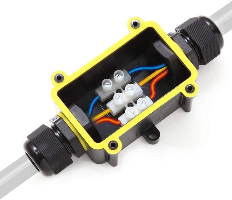 Junction box, Anicoll IP68 waterproof cable connector, larger 2-way junction box, earth cable, black electrical outdoor distribution box, M20 cable gland Ø5mm-12mm ABS + PVC, TÜV, VDE (2-way)