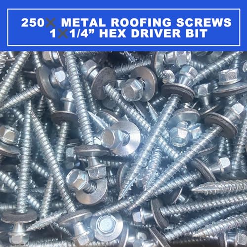 Metal Roofing Screws 10 x 2 inch, Hex Head Sheet Metal Roof Screw with EPDM Washer for Corrugated Roofing (250Pcs)
