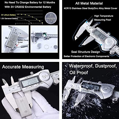 Kynup Caliper, Digital Caliper, Caliper Measuring Tool with Stainless Steel, Easy Switch from Inch Metric Fraction, Large LCD Screen, IP54 Waterproof Protection Design