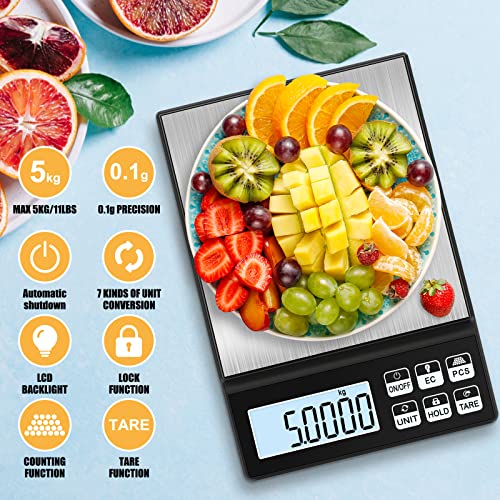 Rechargeable Digital Kitchen Scale, [5kg/0.1g] Diyife Food Scale, High Precision Digital Scale with LCD Display, Tare, PCS Counting, Stainless Steel Platform for Food, Jewelry, Medicine 5kg