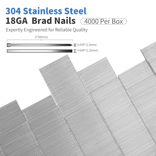 18 Gauge Stainless Steel Brad Nails 2 inch - 4,000 Counts 18GA Brad Nails 304 Stainless Steel Small Finishing Nail for Pneumatic/Electric Brad Nailers