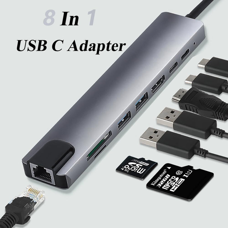 8 in 1 USB C Adapter, 4K@30Hz HDMI Output Multi-Port Type C Hub, Fast Charging USB C Converter with Ethernet Port, SD/TF Card Reader, Type C Docking Station Compatible with Laptops, Mouse, Keyboard