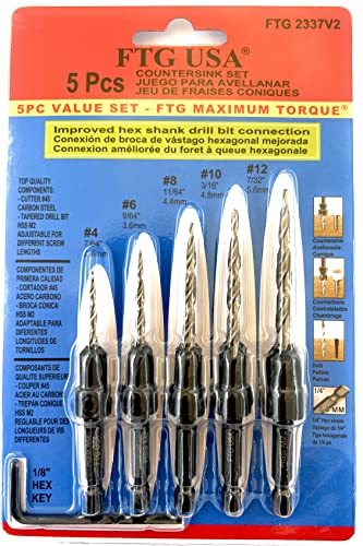FTG USA Wood Countersink Drill Bit Set 5 Pc Countersink Drill Bit #4, 6, 8, 10, 12, Tapered Drill Bits with 1/4" Hex Shank Quick Change, Allen Wrench, and 6 Pc Storage Containers