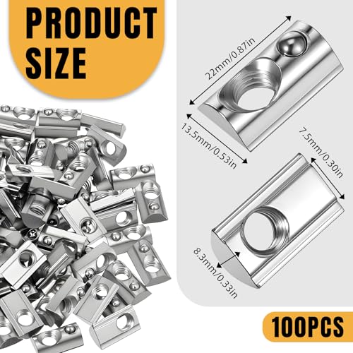 100 Pcs 40 Series M8 Thread T Spring Nut Carbon Steel European Standard M8 T Nuts Half Round Roll in Spring for 3D Printer, Aluminum Extrusion Profile, Silver