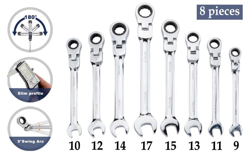 Qnkaa Flexible Ratchet Wrench Set 8pcs 9-17mm Spanner Gear Ring Metric 8pcs