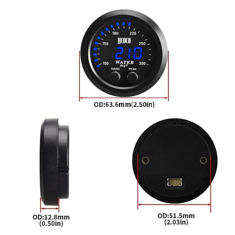 Universal 2Inch(52mm) Water Temperature Gauge with Alarm and 1/8NPT Sensor Car Digital Meter Temp 100-300F(-17~187C) Blue Display