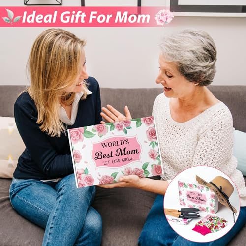 Mom Garden Tools Pink Hand Rake Transplanter Apron Trowel Straw Hat Planting Gloves Gardening Set with Box Outdoor Horticulture Starter for Best Mother in Law Plant Lover