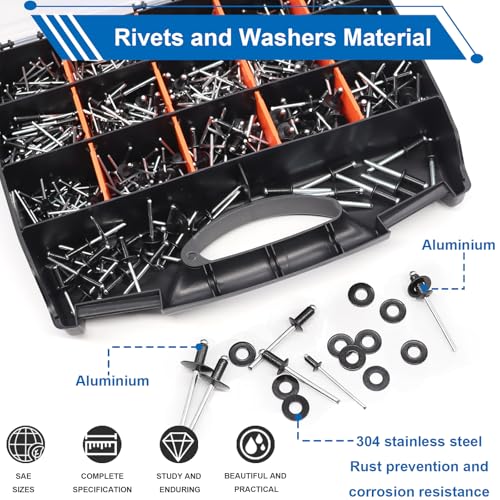 smseace 1001Pcs Pop Rivet Gun Kit Black Pop Rivets, Large Flange Rivets, Washers and Rivets Gun Tool Packed in Portable Toolbox with Color Label for Metal, Furniture, Automotive, Instruments