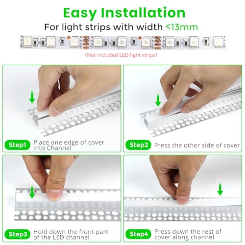 4 Pack 3.3ft/1M Plaster-in LED Channel, Trimless Recessed Drywall LED Diffuser Channel with Milky Diffuser, Aluminum Channel for Strip Lights, Under Cabinet, Wall and Ceiling (Light NOT Included) Double-edge 3.3ft 4pack ( 13mm inner width) 4
