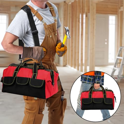 Hiceeden 16 Inch Wide Mouth Tool Bag, Collapsible Tool Tote with Waterproof Coating and Adjustable Strap, Portable Electrician Tool Organizer Handbag with 5 Outside Pockets, Red (Pack of 3) 16.1 x 8.2 x 8.6 inches (Pack of 3)