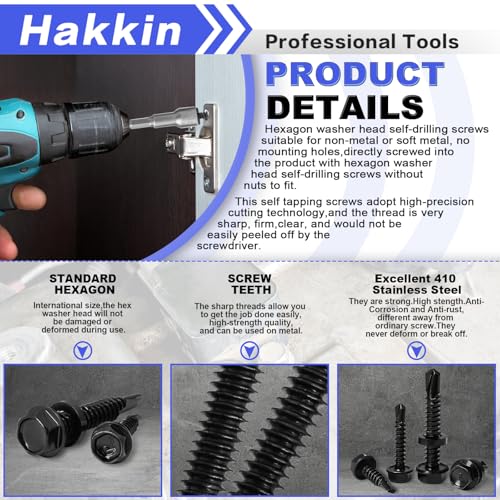 593Pcs Hex Washer Head Self-Drilling Screws, #8#10#12#14 Self Tapping Screws Assortment Kit, Black Oxide 410 Stainless Steel Sheet Metal Tek Screws for Wood, Length 1/2" to 2", Hex Socket Included F #8#10#12#14 Hex Washer Head Black (500pcs)