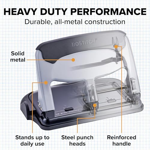 Bostitch EZ Squeeze Heavy Duty 3 Hole Punch, 40 Sheet Capacity, Slate