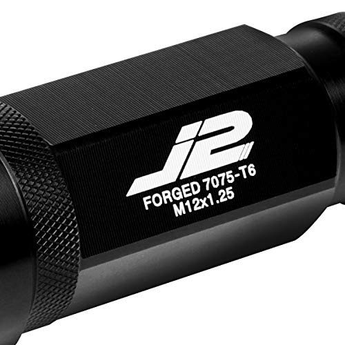 J2 Engineering 7075-T6 Aluminum M12 x 1.25 20Pcs 60mm Tall Open-End Lug Nut w/Adapter Key Black