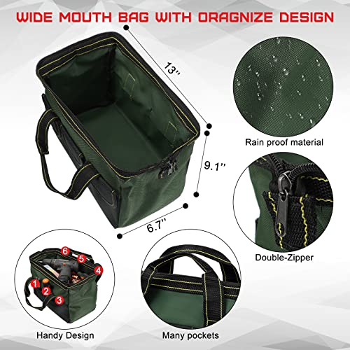 4 Pieces Tool Bag with Waterproof Strong Molded Base Multi Pockets Wide Mouth Tool Tote Multifunctional Large Capacity Organizer Heavy Duty Tools Storage Bag for Men Carpenter Electrician 13 Inch Multicolor
