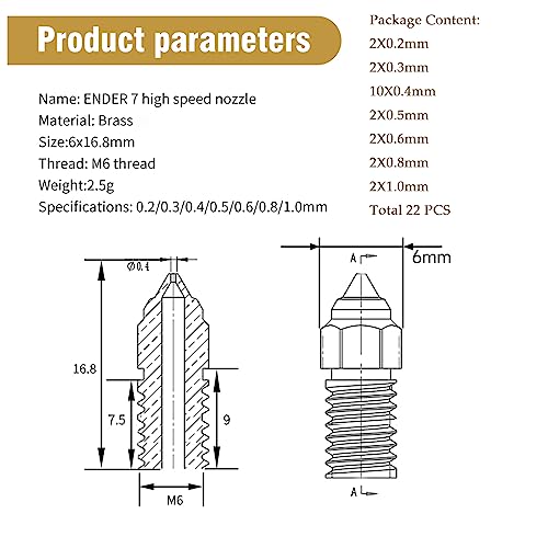 22 Pieces Brass Nozzle Set for Ender 5 S1, Ender 3 V3 SE, 3D Printer 10 Pieces 0.4 mm and 2 Pieces 0.2 mm, 0.3 mm, 0.5 mm, 0.6 mm, 0.8 mm, 1.0 mm Nozzle Set for Ender 5 S1, Ender 7, Spider 1.0 Ender 3 V3 SE Brass Multi Size