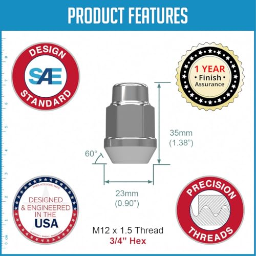 Wheel Accessories Parts 27 Pcs M12x1.5 12x1.5 Thread Bulge Acorn 35mm 1.38" Long Lug Nuts Chrome 3/4" 19mm Hex Fits Ford Bronco 2021+ All Models (Except Raptor)