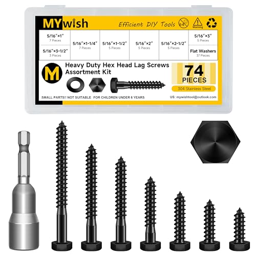 MYWISH (20Sets) 1/4" x 3" Hex Head Lag Bolts & Mywish 74Pcs 5/16" Hex Head Lag Screws Assortment Kit, Heavy Duty Lag Bolts with Washers, 304 Stainless Steel Bolts 18-8, 7-Size Wood Screws for Outdoor