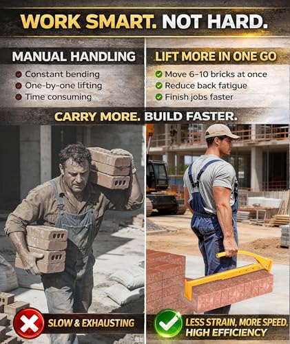 Heavy Duty Steel Brick Tongs, Adjustable Brick Carrier for 6-10 Bricks, Labor-Saving Brick Lifting Tool for Masonry Construction and Building Projects