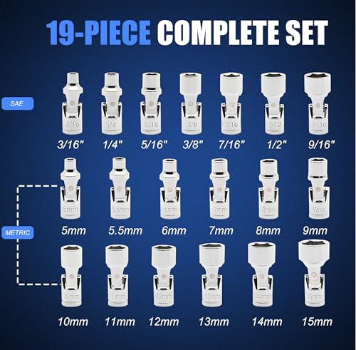 19-Piece 1/4" Drive Universal Joint Socket Set, Swivel Socket Set & Wobble Sockets with Metric (5-15mm) and SAE (3/16"-9/16"), 6-Point CR-V Flex Sockets for Tight Spaces