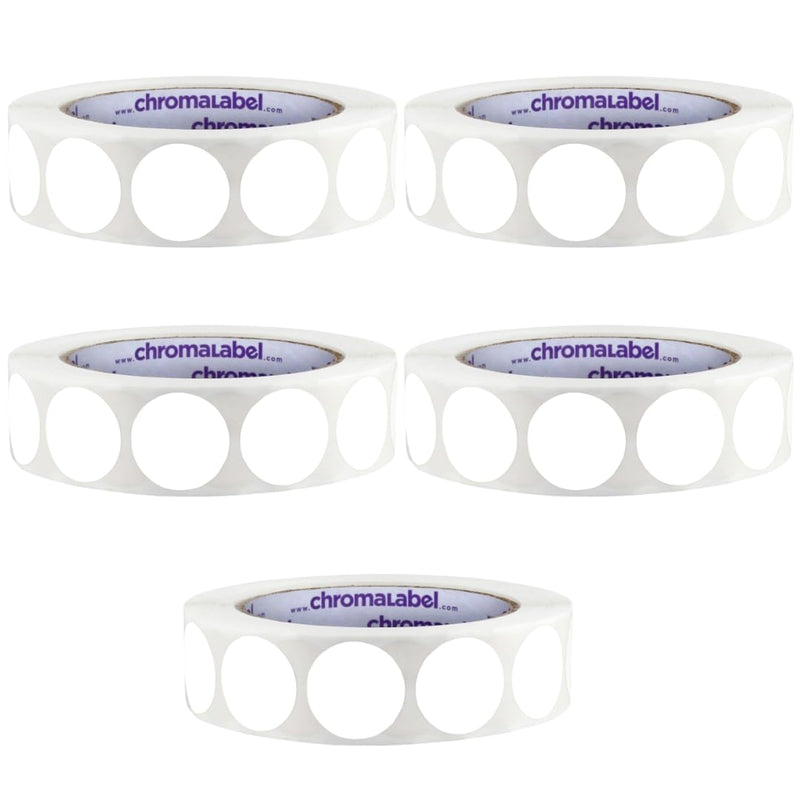 ChromaLabel 1 Inch Circle Sticker Labels, Blank Round Stickers to Write On, Colored Dot Stickers, Permanent Adhesive Labels - 1000 Sticky Dots per Roll, White Sticker Label - Case of 5 1" Pack of 5