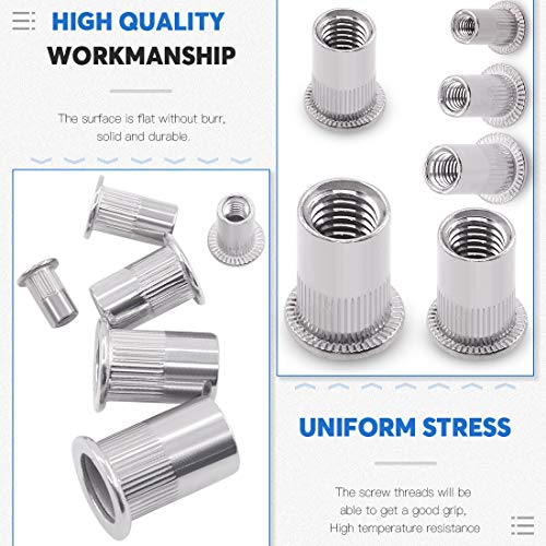Glarks 180Pcs 304 Stainless Steel Flat Head Threaded Rivet Nut Assortment Kit +210Pcs Aluminum Alloy Flat Head Metric Threaded Rivetnut Insert Nutsert Rivet Nut Assortment Kit