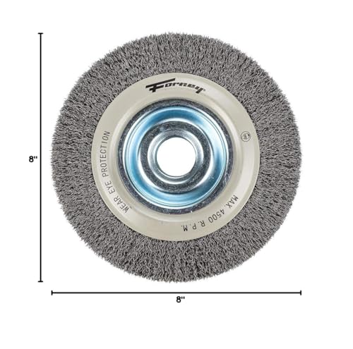 Forney 72897 Wire Bench Wheel Brush, Industrial Pro Crimped with 1/2-Inch Through 2-Inch Multi Arbor, 8-Inch-by-.012-Inch