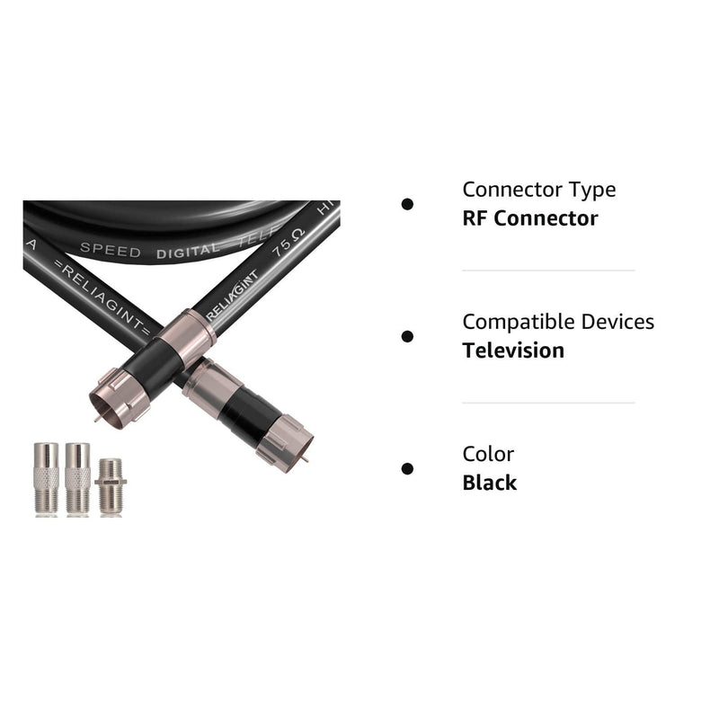 15ft, Black RG6 Coaxial Cable with F Connector, F81 RF Double Female Adapter, Low Loss High Speed Coax Cable Cord Extender for HD TV, Dish, Satellite, Antenna, TV Cable 15' 15 FT