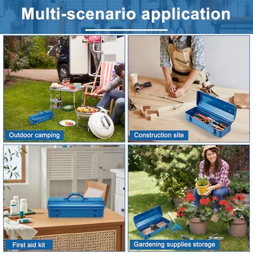Tool Box, 16.9" Portable Metal Tool Organizer Box with Double Latch Closure and Handle, Heavy Duty Hip Roof Style Tool Chest for Household Workshop Car (Blue) Blue