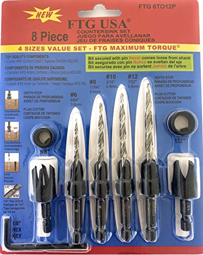 FTG USA Wood Countersink Drill Bit Set Sizes 6 8 10 12 Countersink Tapered Drill Bits, 2 Wood Plug Cutter for Sizes 3/8" and 1/2", 2 Stop Collars, 1 Allen Wrench, and 6 Storarage Containers