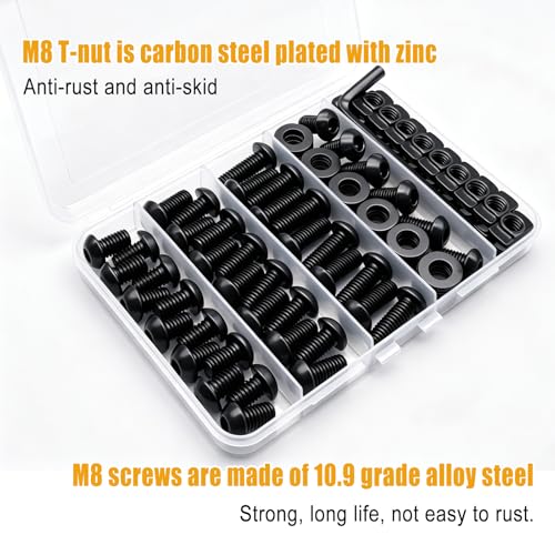 weideer 80PCS M8 T-Nuts Screws Assortment Kit,M8x12/16/20mm Nut and Bolt Assortment Sets for 4040 4080 Series Standard Aluminum Profile,Compatible with Rail Mount BK-80PCS-M8 T-Nuts