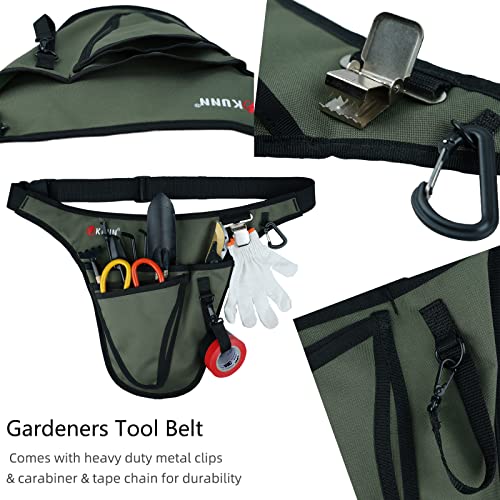 KUNN Garden Tool Belt,Durable Adjustable Tool Belt Waist Pouch with 4 Pocket for Women Men Gardeners Florist Army Green + Bucket Tool Organizer 5 Gallon 18-Pocket Gardening Tool Bag