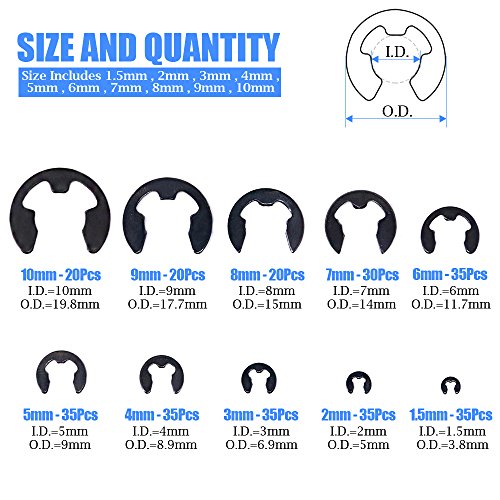 Glarks 280Pcs Internal Tooth Speed Clips Fasteners Assortment Kit + 300Pcs 10 Size Black Alloy Steel E-Clip External Retaining Ring Washer Assortment Set