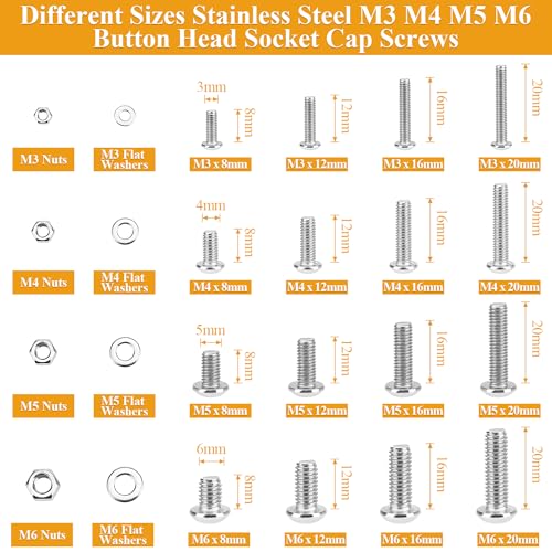 815 Pieces M3 M4 M5 M6 Button Head Socket Cap Screws Nuts Washers Assortment Kit, Metric Screw Assortment with Hex Wrenches, 304 Stainless Steel, Fully Threaded M3M4M5M6 (815 Pieces)