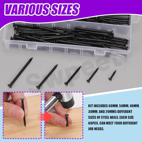 Swpeet 300Pcs 5 Sizes 3/4" 1-1/4" 1-3/5" 2" 2-3/8" Black Hardware Nails Assortment Kit，Steel Nail, Galvanized Nails, Small Nails, Finishing Nails, Wall Nails, Wood Nails, Nails for Concrete Brick
