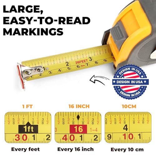 MulWark 4 Pack Metric Tape Measure, Easy Read Measuring Tape Retractable with Fractions 1/8, Both-Side Metal Blade, Magnetic Hook & Shockproof Case for Construction, Carpenter, Architect, Woodworking 26 ft Yellow-Grey