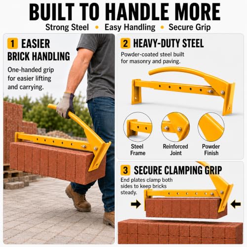 Heavy Duty Steel Brick Tongs, Adjustable Brick Carrier for 6-10 Bricks, Labor-Saving Brick Lifting Tool for Masonry Construction and Building Projects
