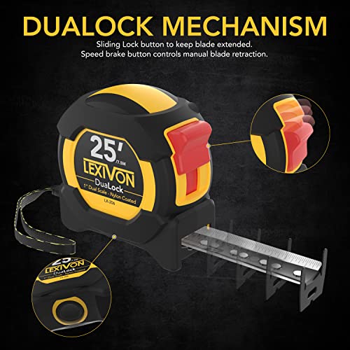 LEXIVON [4-Pack] 25Ft/7.5m DuaLock Tape Measure | 1-Inch Wide Blade with Nylon Coating, Matte Finish White & Yellow Dual Sided Rule Print | Ft/Inch/Fractions/Metric (LX-206X4) 25 ft 4-Pack