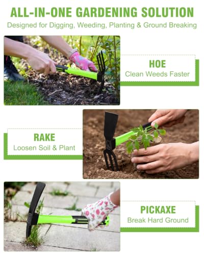 2-Piece Garden Hoe and Cultivator Hand Tool Set - 15" Carbon Steel Weeding Tools Gardening, Heavy Duty Hand Hoe, Rake & Pickaxe Digging Tools for Gardening, No Assembly Required