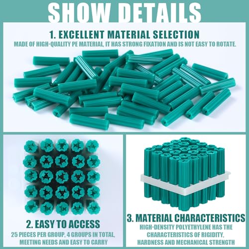 Lineshading 200 Pcs Anchors,1/4 X 1-1/4" for #10 or 3/16" Screws,Green 1/4 x 1-1/4" for #10 or 3/16" Screws Green