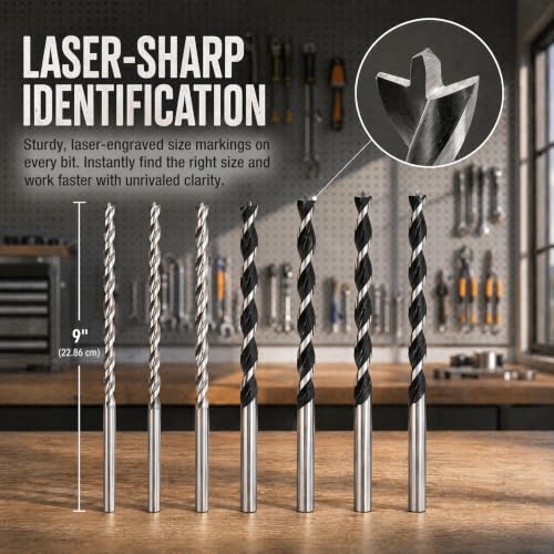 9" Brad Point Wood Drill Bit Set, 7-Pack SAE Upgraded 7-Piece SAE Set
