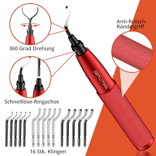 GETLITOOL Deburring with 16 Blades, 360° Rotating Blade, Hand Deburrer, Metal Handle with Storage Space, Universal Deburring Tool for 3D Printers, Plastic, Stainless Steel, Aluminum, Metal (Red)