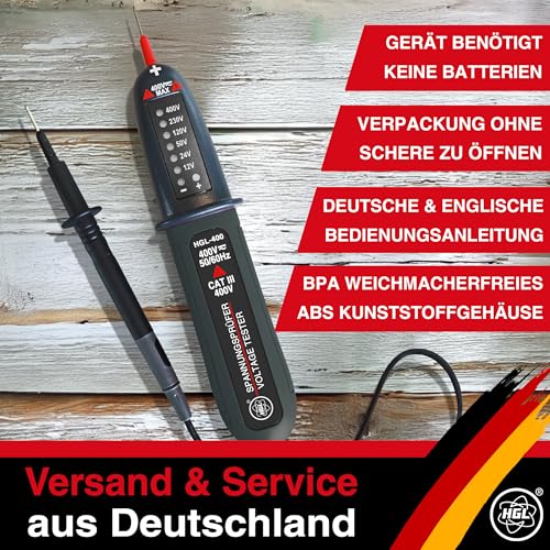 HGL -400 Voltage Tester Double Pole 12 V to 400 V AC/DC with LED Display, Phase Tester, IP54 Splash-Proof, No Batteries Required, 2-Pin Voltage Meter, Socket Meter